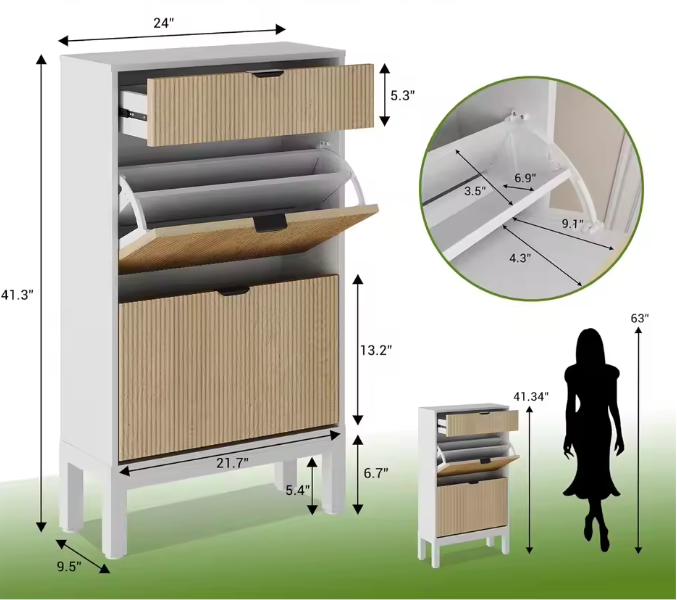 Smalle Schoenenkast met 2 Klepladen – Smal Fluted Design en Verborgen Opbergruimte