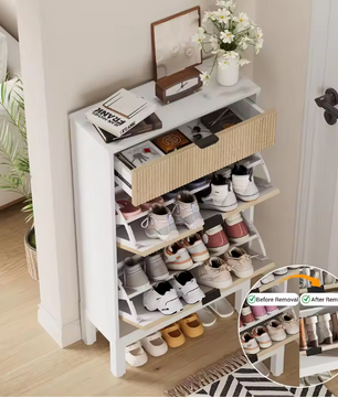 Smalle Schoenenkast met 2 Klepladen – Smal Fluted Design en Verborgen Opbergruimte