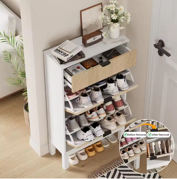 Smalle Schoenenkast met 2 Klepladen – Smal Fluted Design en Verborgen Opbergruimte