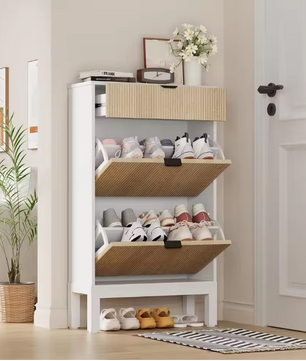 Smalle Schoenenkast met 2 Klepladen – Smal Fluted Design en Verborgen Opbergruimte