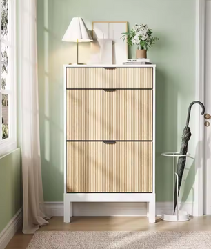 Smalle Schoenenkast met 2 Klepladen – Smal Fluted Design en Verborgen Opbergruimte