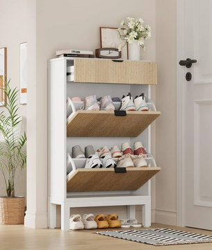 Smalle Schoenenkast met 2 Klepladen – Smal Fluted Design en Verborgen Opbergruimte