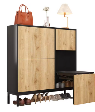 Schoenenkast met Uitschuifbare Zitbank – Kast met 3 Kleppen en Open Vak