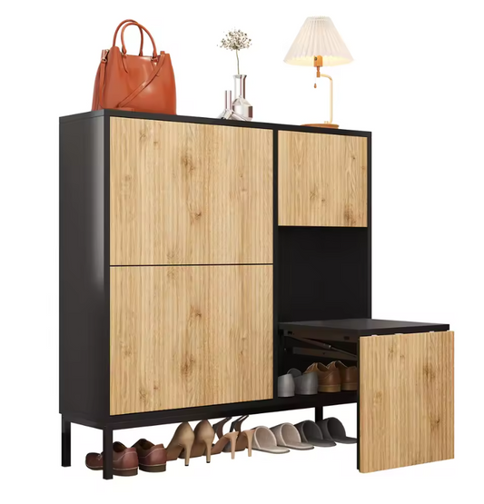 Schoenenkast met Uitschuifbare Zitbank – Kast met 3 Kleppen en Open Vak