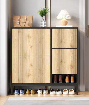 Schoenenkast met Uitschuifbare Zitbank – Kast met 3 Kleppen en Open Vak