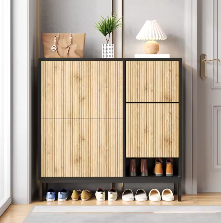 Schoenenkast met Uitschuifbare Zitbank – Kast met 3 Kleppen en Open Vak
