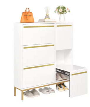 Schoenenkast met Uitschuifbare Zitbank – Kast met 3 Kleppen en Open Vak