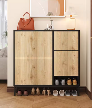 Schoenenkast met Uitschuifbare Zitbank – Kast met 3 Kleppen en Open Vak