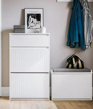 Schoenenkast met 2 Kleppen – Smal MDF Schoenenrek met Lade en 4 Planken