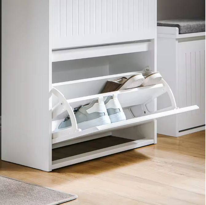 Schoenenkast met 2 Kleppen – Smal MDF Schoenenrek met Lade en 4 Planken