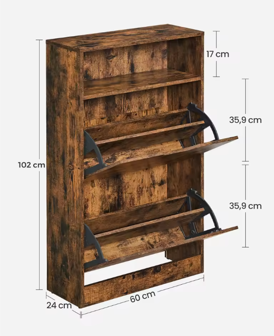 Schoenenkast met 2 Kleppen en Open Vak – 60×24×102 cm