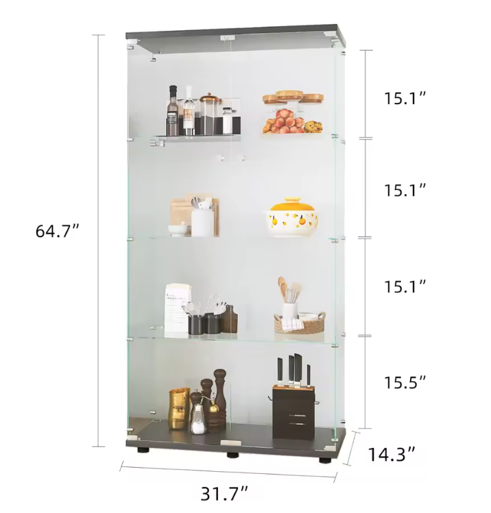 Vierlagen Glazen Vitrinekast met Dubbele Deuren en LED-Verlichting – 78.5×35×163 cm, Zwart