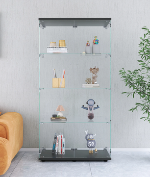Vierlagen Glazen Vitrinekast met Dubbele Deuren en LED-Verlichting – 78.5×35×163 cm, Zwart