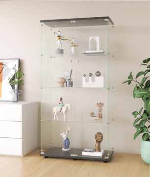 Vierlagen Glazen Vitrinekast met Dubbele Deuren en LED-Verlichting – 78.5×35×163 cm, Zwart