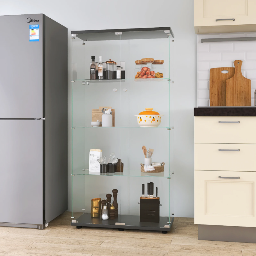 Glazen Vitrinekast met Dubbele Deuren – 4 Planken en Stalen Frame