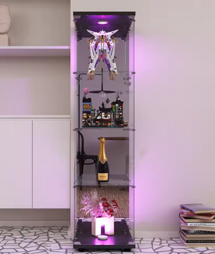 Glazen Vitrinekast met LED en Spiegelachterwand – 4 Lagen, Zwart