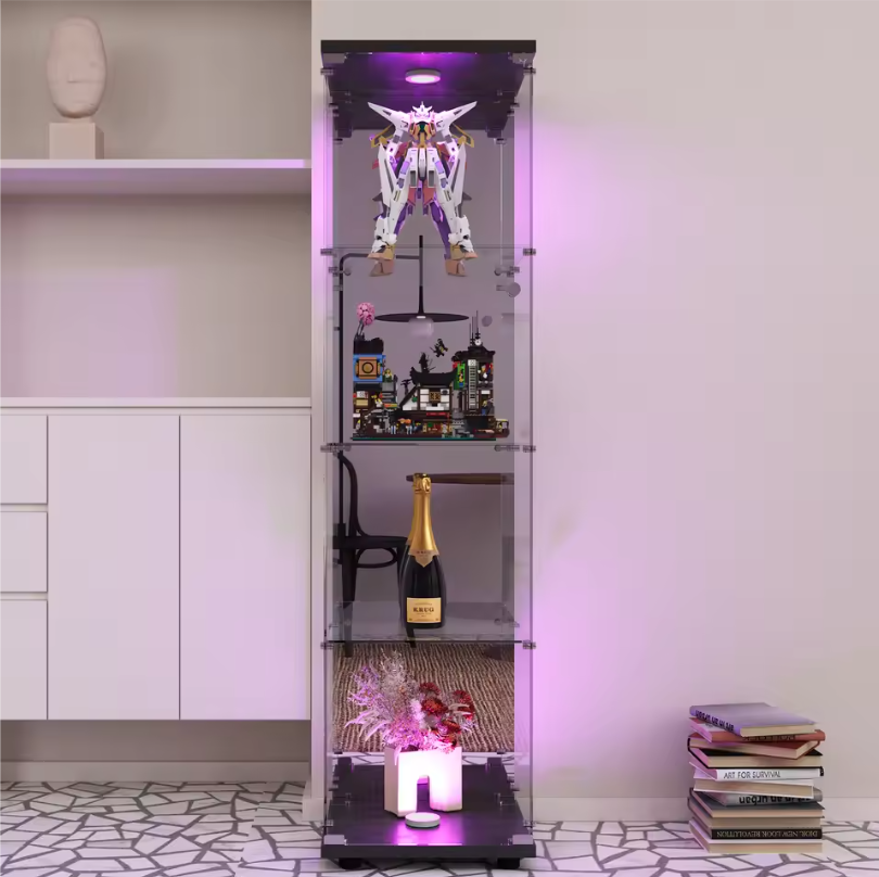Glazen Vitrinekast met LED en Spiegelachterwand – 4 Lagen, Zwart