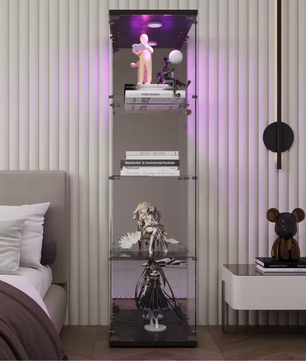 Glazen Vitrinekast met LED en Spiegelachterwand – 4 Lagen, Zwart