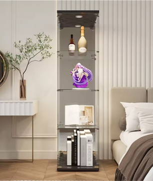 Glazen Vitrinekast met LED en Spiegelachterwand – 4 Lagen, Zwart