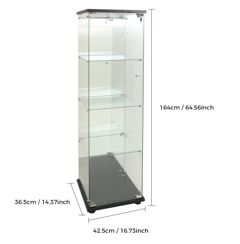 Glazen Vitrinekast met LED en Spiegelachterwand – 4 Lagen, Zwart