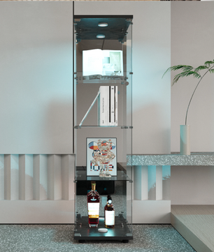 Glazen Vitrinekast met LED en Spiegelachterwand – 4 Lagen, Zwart