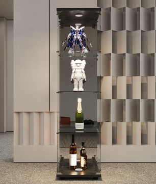 Glazen Vitrinekast met LED en Spiegelachterwand – 4 Lagen, Zwart