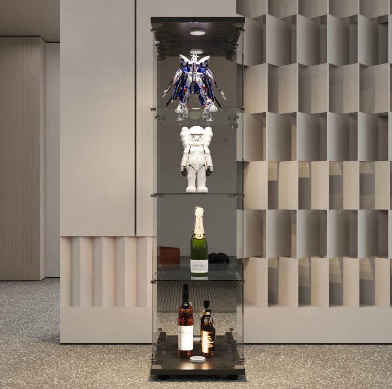 Glazen Vitrinekast met LED en Spiegelachterwand – 4 Lagen, Zwart