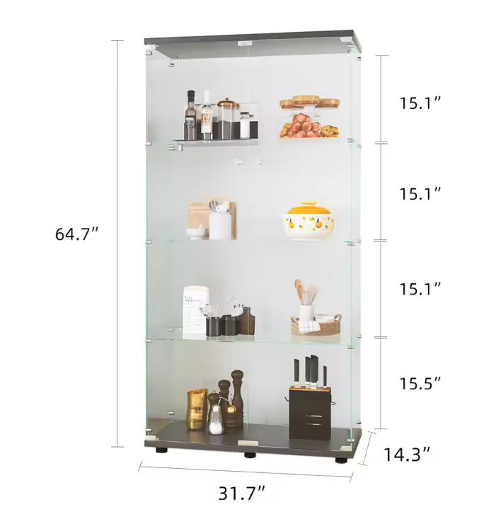 Glazen Vitrinekast met LED en Spiegelachterwand – 4 Lagen