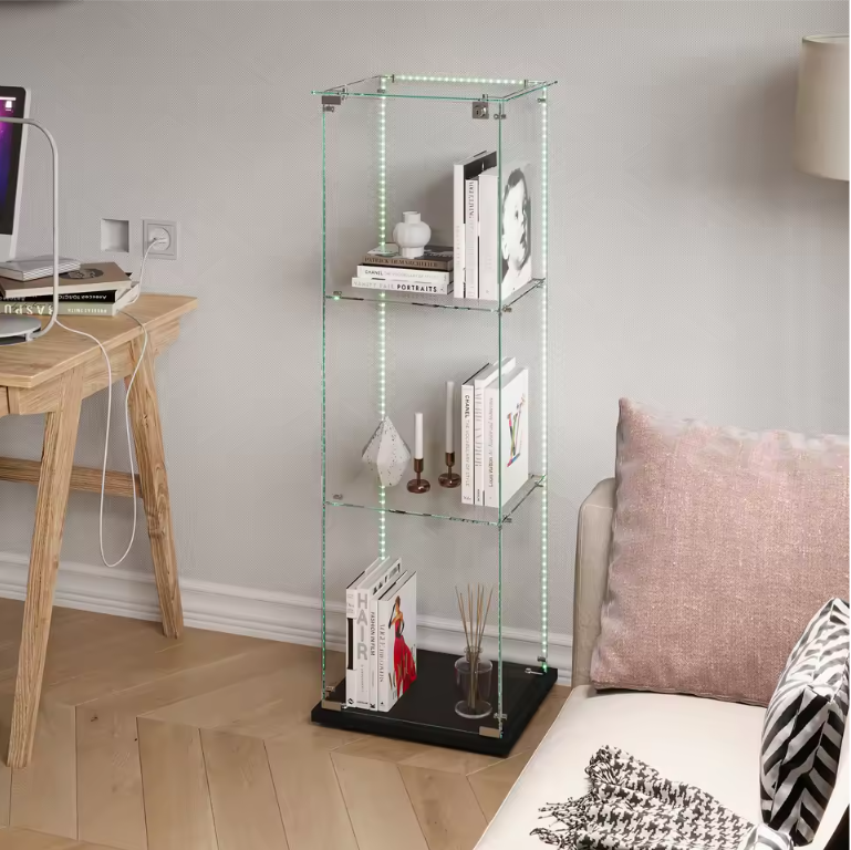 Moderne Glazen Vitrinekast met Houten Accenten – 3-Lagen Displaykast voor Collecties, Boeken en Wijn