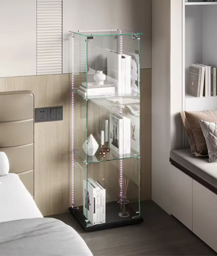 Moderne Glazen Vitrinekast met Houten Accenten – 3-Lagen Displaykast voor Collecties, Boeken en Wijn