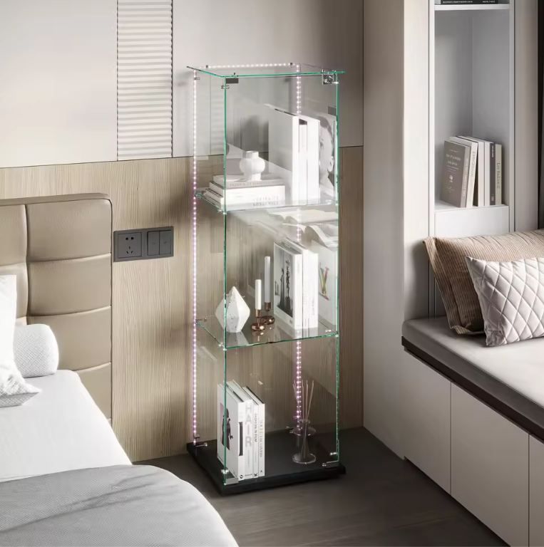 Moderne Glazen Vitrinekast met Houten Accenten – 3-Lagen Displaykast voor Collecties, Boeken en Wijn