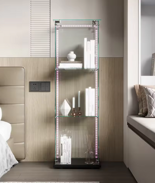 Moderne Glazen Vitrinekast met Houten Accenten – 3-Lagen Displaykast voor Collecties, Boeken en Wijn