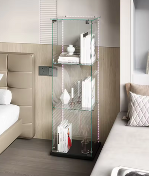 Moderne Glazen Vitrinekast met Houten Accenten – 3-Lagen Displaykast voor Collecties, Boeken en Wijn