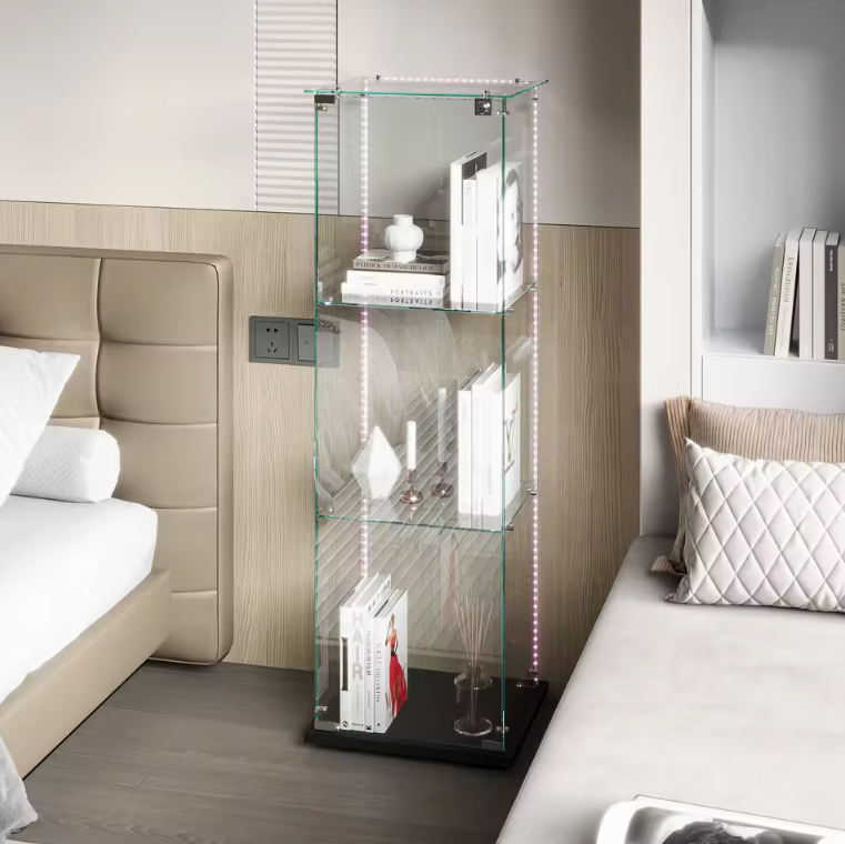 Moderne Glazen Vitrinekast met Houten Accenten – 3-Lagen Displaykast voor Collecties, Boeken en Wijn