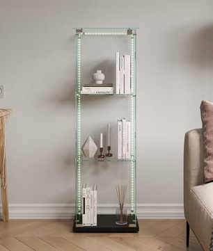 Moderne Glazen Vitrinekast met Houten Accenten – 3-Lagen Displaykast voor Collecties, Boeken en Wijn