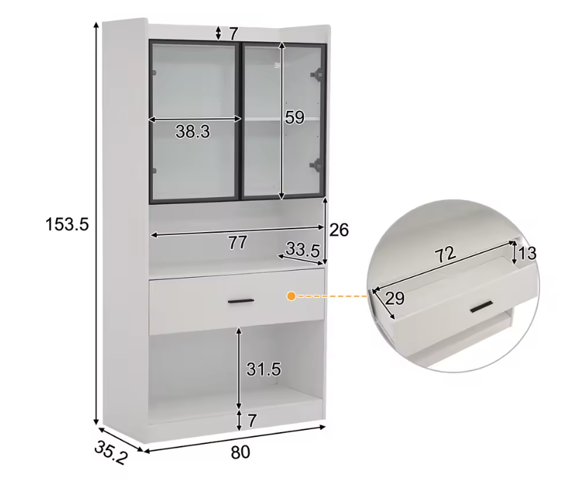 Moderne Vitrinekast met LED en Lade – 80×35,2×153,5 cm, Wit