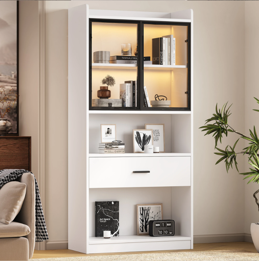 Moderne Vitrinekast met LED en Lade – 80×35,2×153,5 cm, Wit