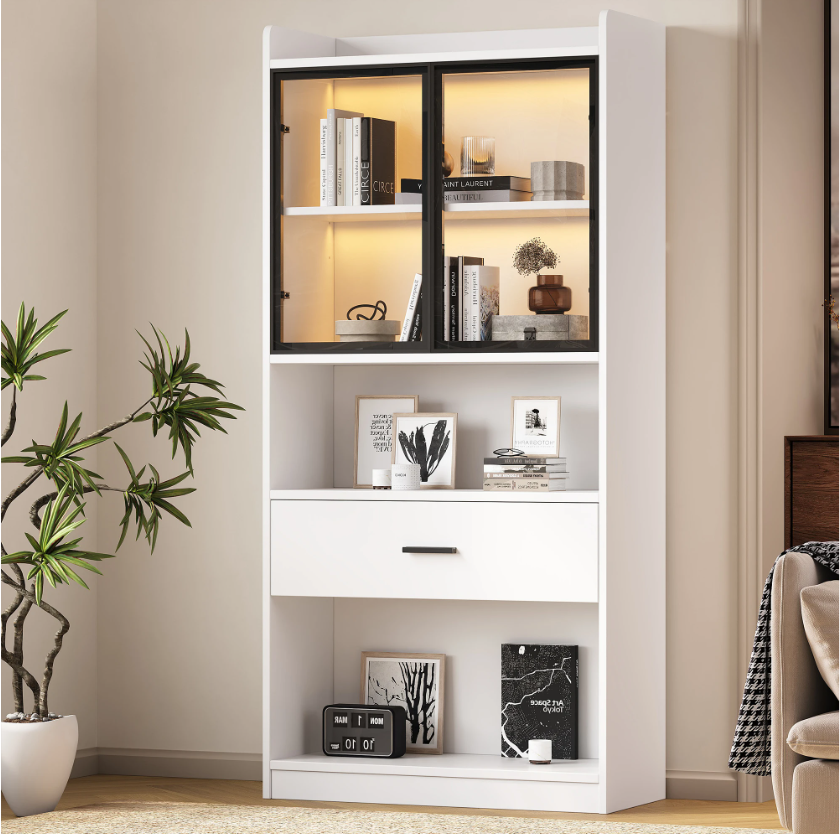 Moderne Vitrinekast met LED en Lade – 80×35,2×153,5 cm, Wit