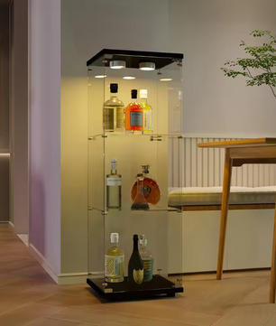 Glazen Vitrinekast met LED – 4 Lagen, 125×42×36 cm, Wit