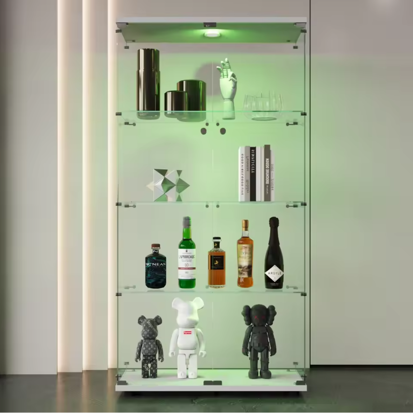 Glazen Vitrinekast met LED – 3 Lagen, Enkele Deur en Slot