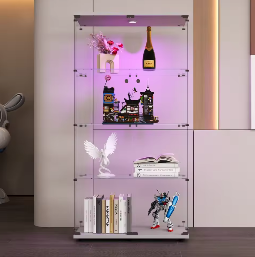 Glazen Vitrinekast met LED – 3 Lagen, Enkele Deur en Slot