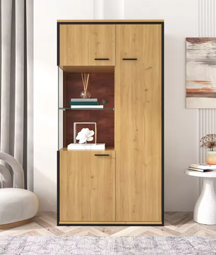 Matte Zwarte LED Vitrinekast – 150 cm Hoog, Glazen Deuren en 15-Kleuren RGB