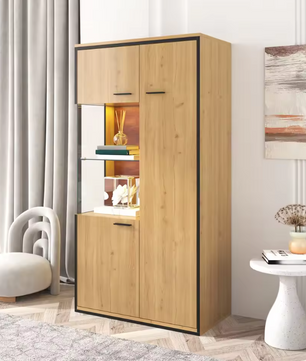 Matte Zwarte LED Vitrinekast – 150 cm Hoog, Glazen Deuren en 15-Kleuren RGB