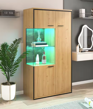 Matte Zwarte LED Vitrinekast – 150 cm Hoog, Glazen Deuren en 15-Kleuren RGB