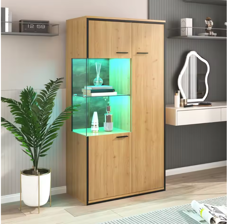 Matte Zwarte LED Vitrinekast – 150 cm Hoog, Glazen Deuren en 15-Kleuren RGB