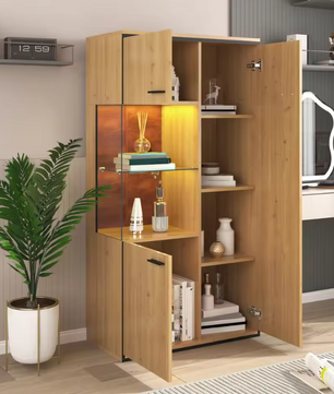 Matte Zwarte LED Vitrinekast – 150 cm Hoog, Glazen Deuren en 15-Kleuren RGB