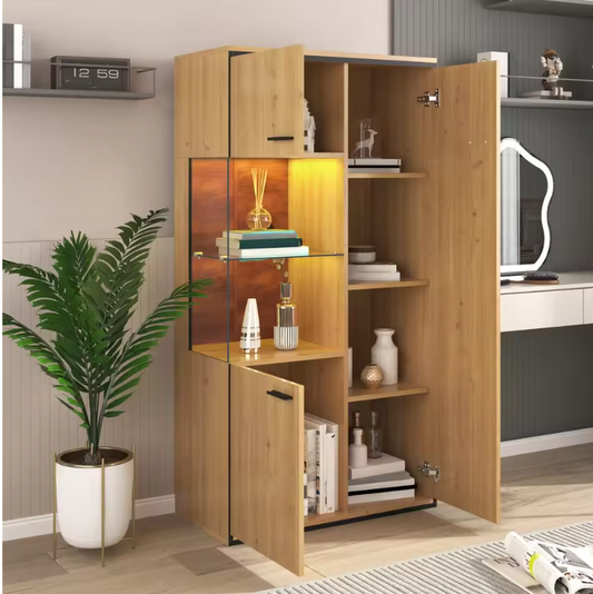 Matte Zwarte LED Vitrinekast – 150 cm Hoog, Glazen Deuren en 15-Kleuren RGB