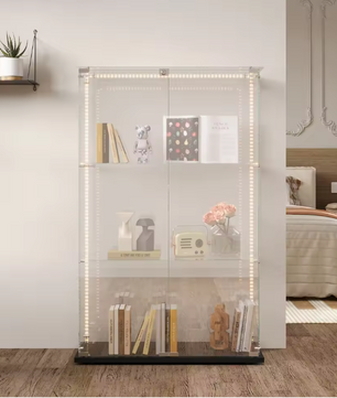 Glazen Vitrinekast met LED – Enkele Deur en 5 Legplanken, Zwart