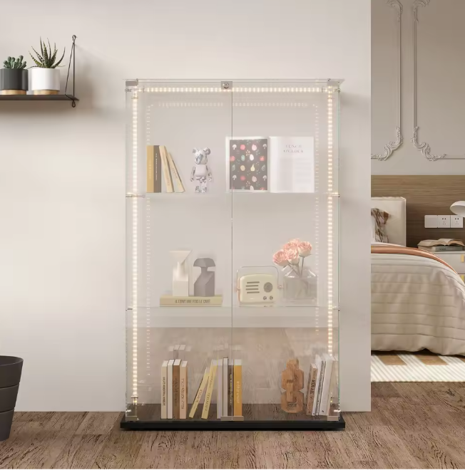 Glazen Vitrinekast met LED – Enkele Deur en 5 Legplanken, Zwart