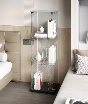 Glazen Vitrinekast met LED – Enkele Deur en 5 Legplanken, Zwart